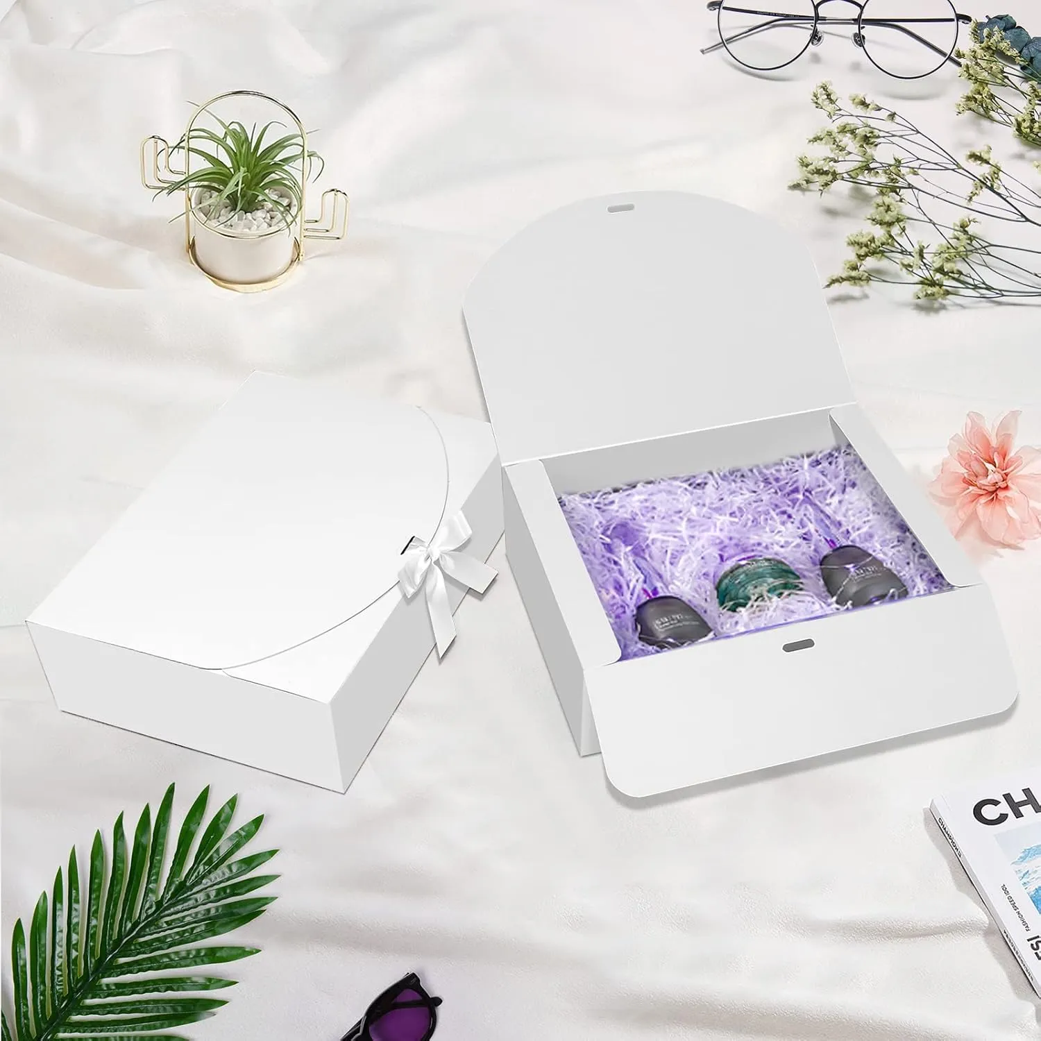 10 PCS Gift Boxes with Lids, 10.6x7.8x3.1 Inch Kraft Paper Gift Box, White with Ribbon, Bridesmaid Proposal Box for Wedding, Packaging, Present, Birthday, Cupcake