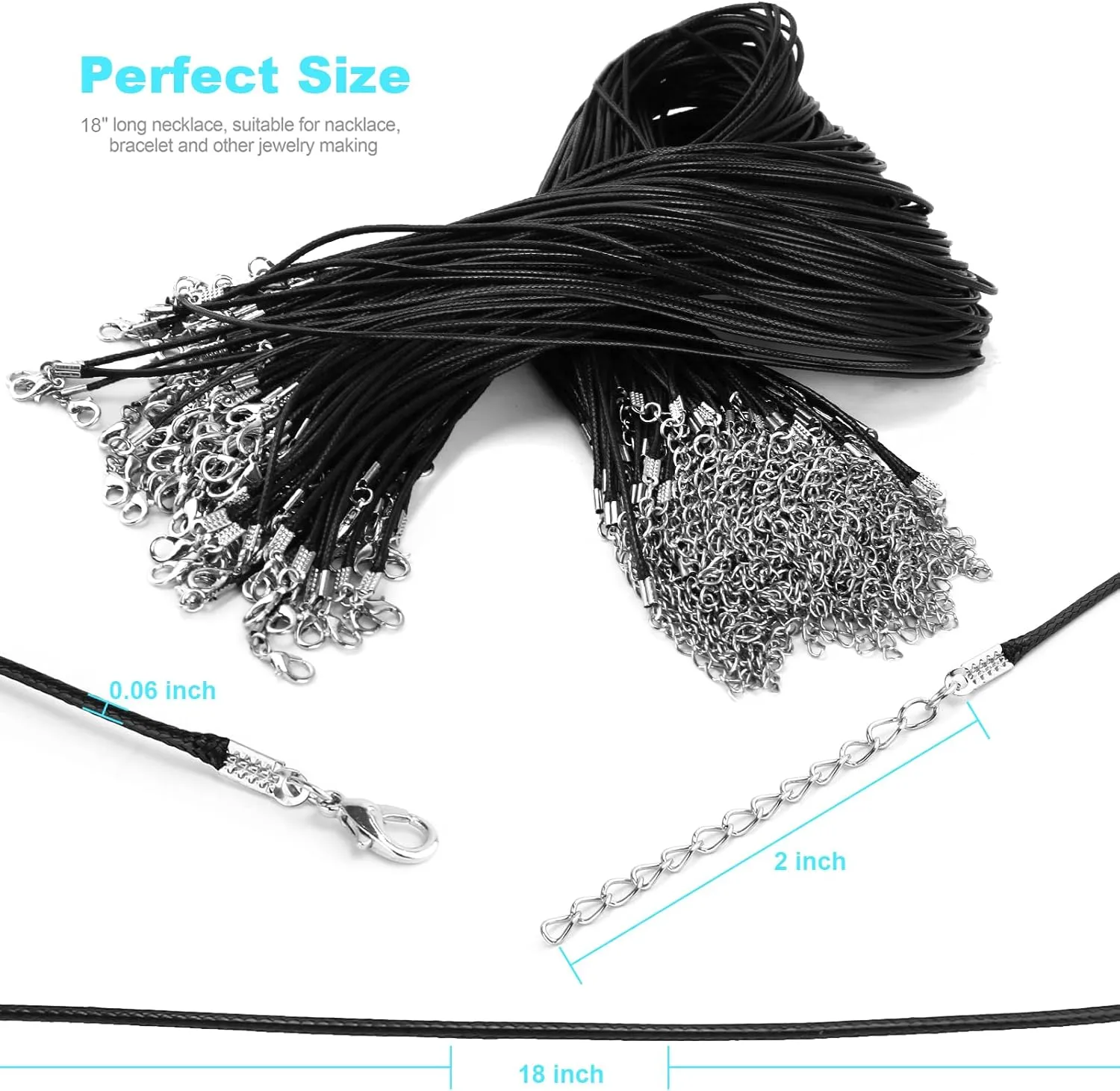 100Pcs Premium Leather Necklace Chains Bracelet Cord with Clasps for Pendants, Bulk Waxed Rope Necklace String, Black , 18" for Jewelry Making Supplies, 1.5mm DHOOZ