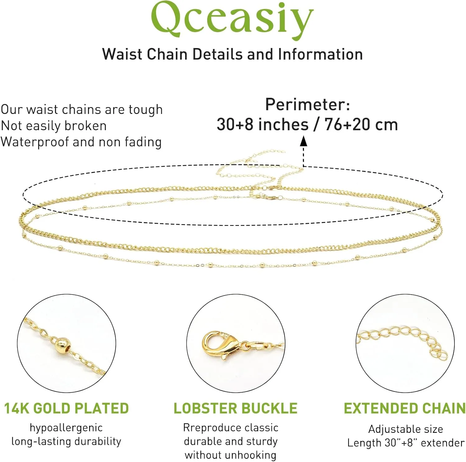 14K Gold Waist Chain for Women, 2Pcs Adjustable Pearl Beads Body Chain, Sexy Layered Summer Beach Bikini Belly Jewelry Accessories