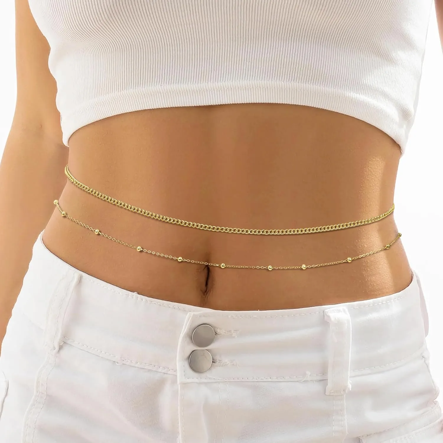 14K Gold Waist Chain for Women, 2Pcs Adjustable Pearl Beads Body Chain, Sexy Layered Summer Beach Bikini Belly Jewelry Accessories