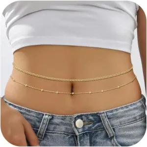 14K Gold Waist Chain for Women, 2Pcs Adjustable Pearl Beads Body Chain, Sexy Layered Summer Beach Bikini Belly Jewelry Accessories