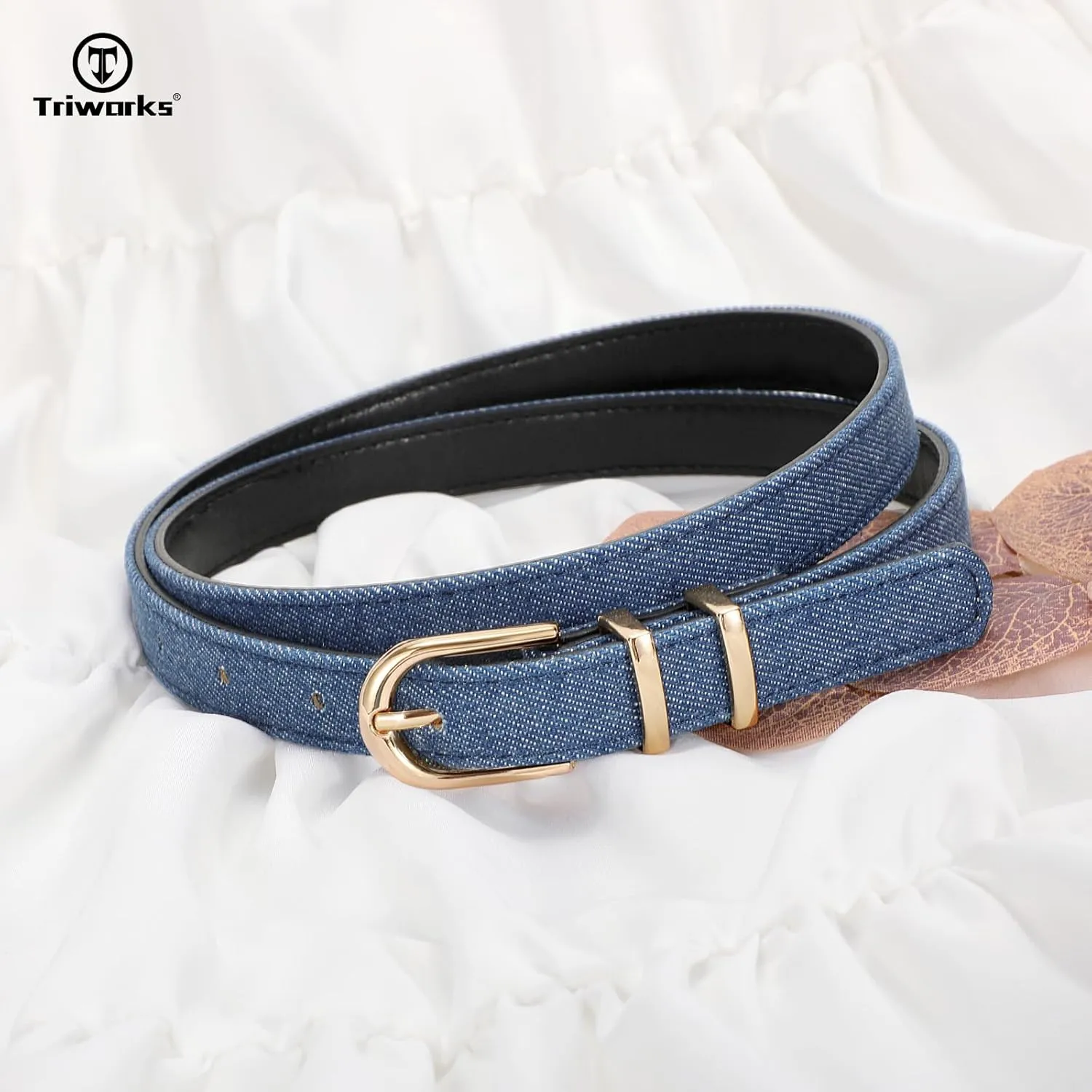 2 Pack Women Skinny Leather Belts for Jeans Pants Thin Faux Leather Belt with Gold Buckle
