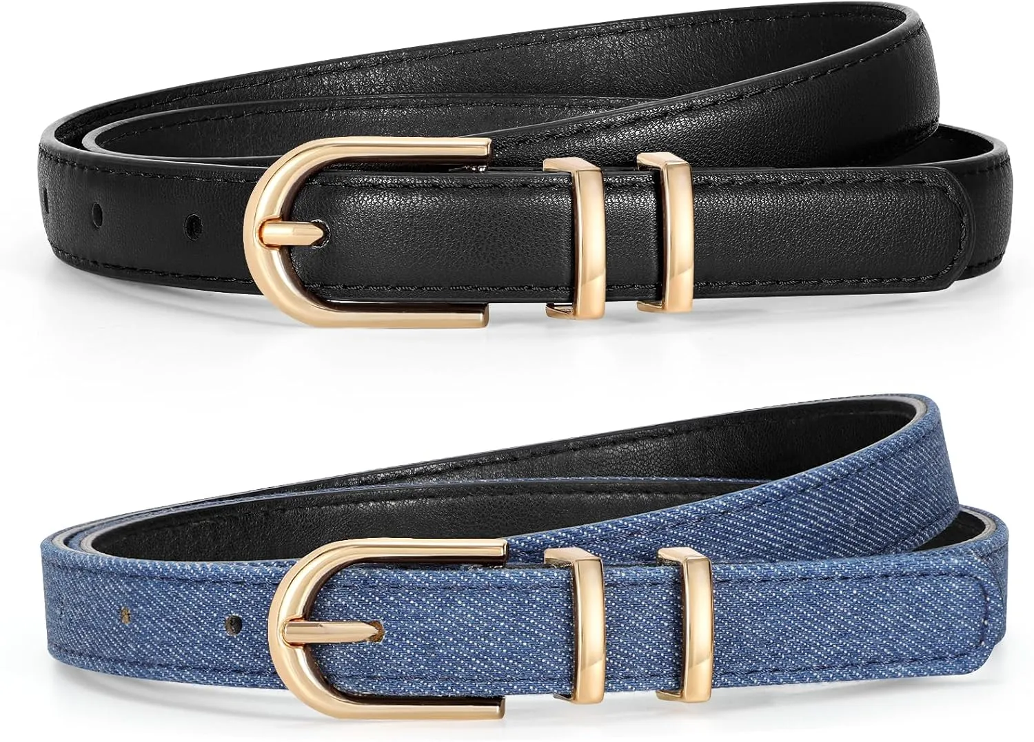 2 Pack Women Skinny Leather Belts for Jeans Pants Thin Faux Leather Belt with Gold Buckle