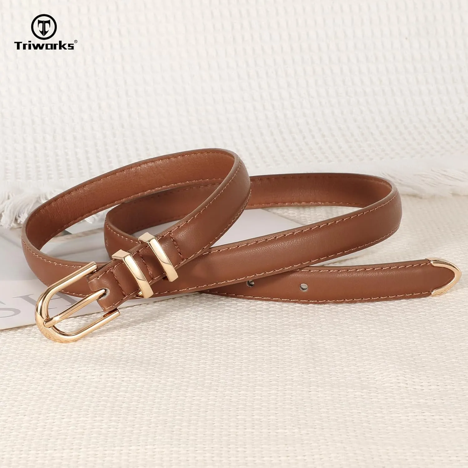 2 Pack Women Skinny Leather Belts for Jeans Pants Thin Faux Leather Belt with Gold Buckle