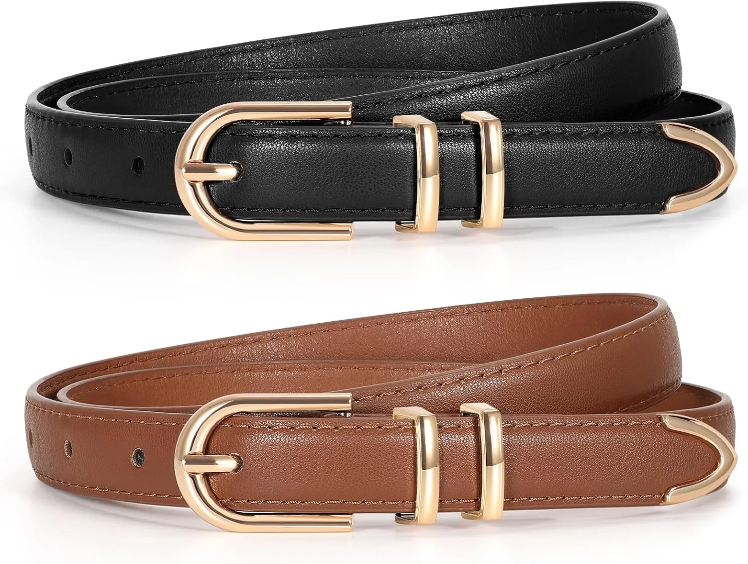 2 Pack Women Skinny Leather Belts for Jeans Pants Thin Faux Leather Belt with Gold Buckle