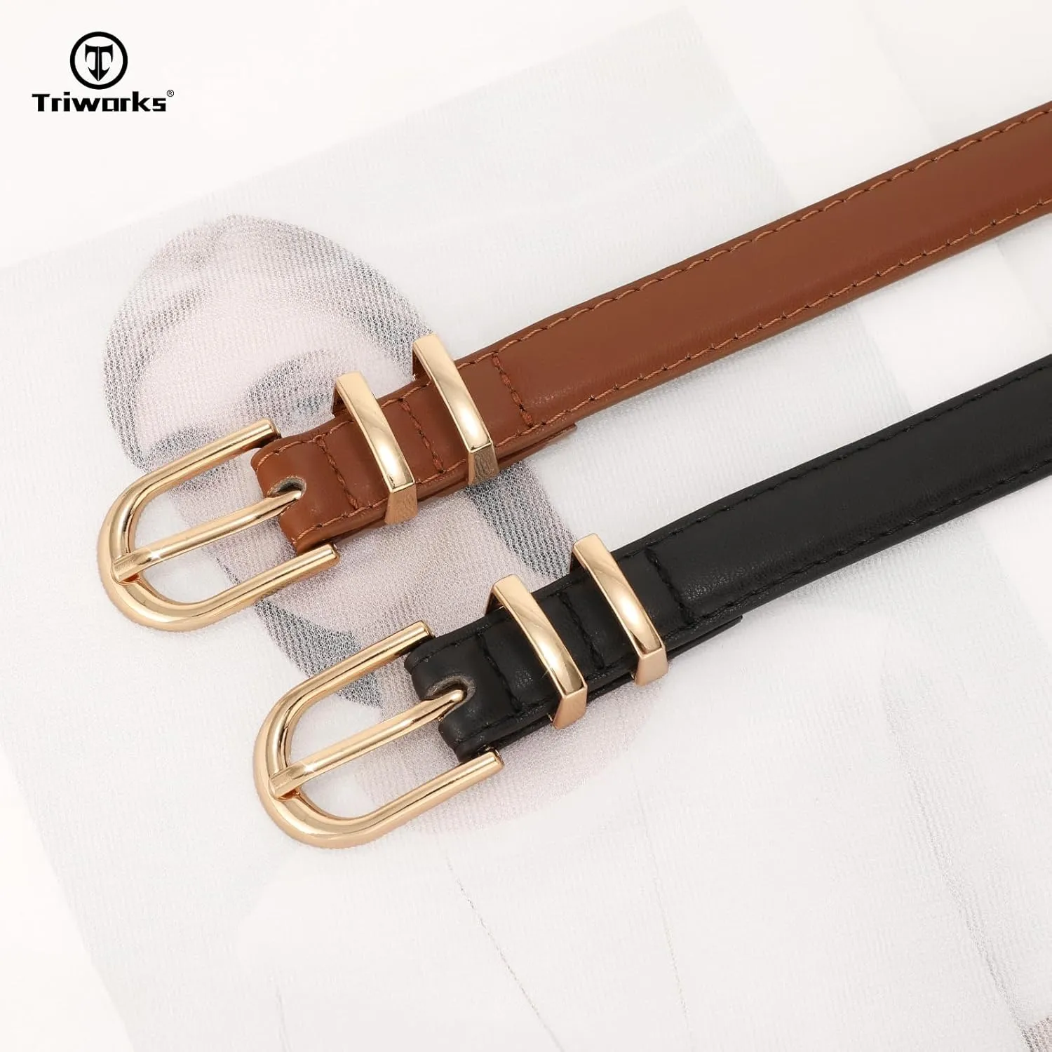 2 Pack Women Skinny Leather Belts for Jeans Pants Thin Faux Leather Belt with Gold Buckle
