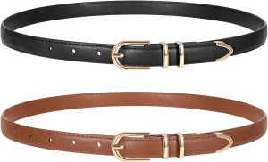 2 Pack Women Skinny Leather Belts for Jeans Pants Thin Faux Leather Belt with Gold Buckle