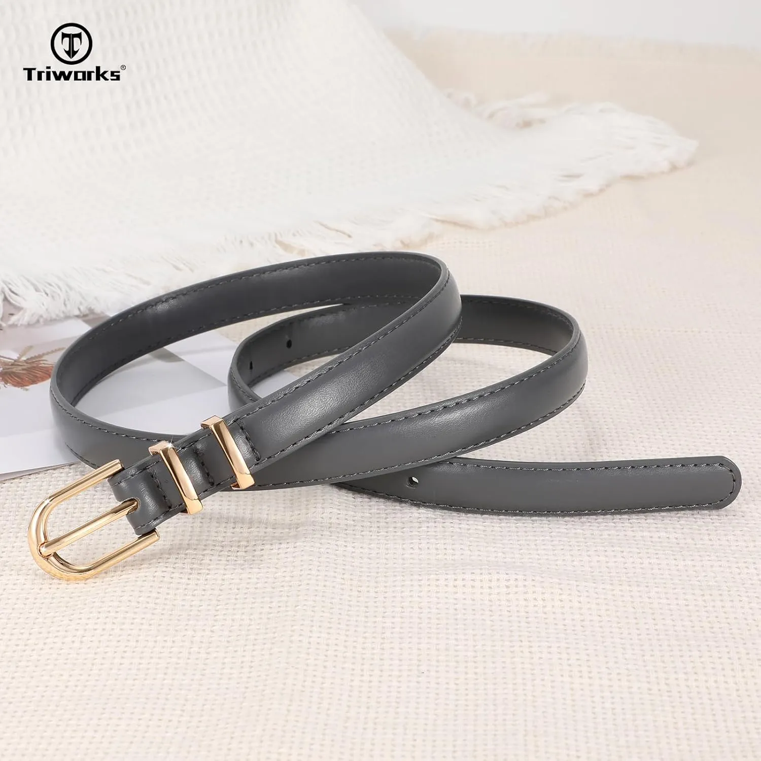 2 Pack Women Skinny Leather Belts for Jeans Pants Thin Faux Leather Belt with Gold Buckle