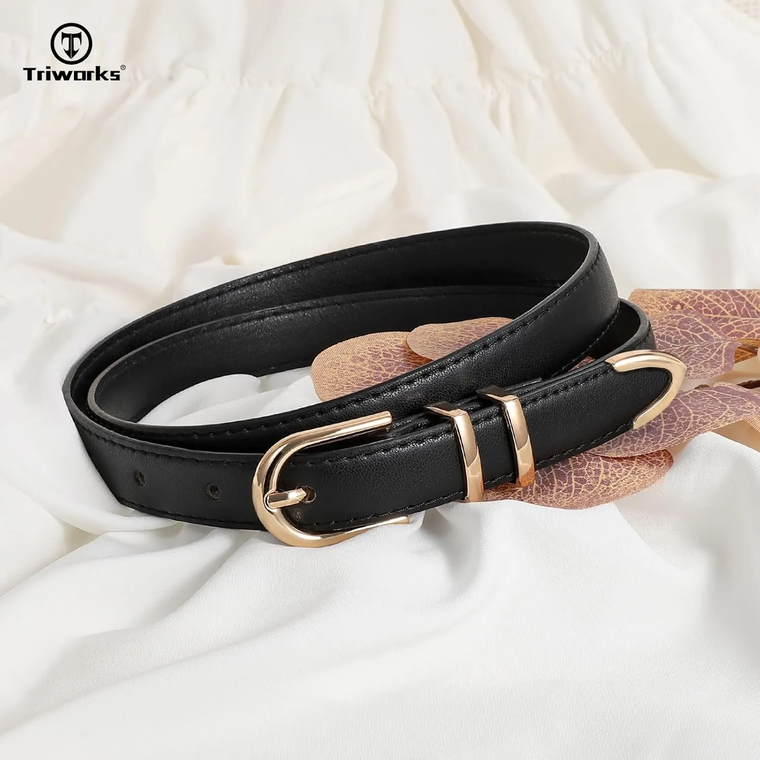 2 Pack Women Skinny Leather Belts for Jeans Pants Thin Faux Leather Belt with Gold Buckle