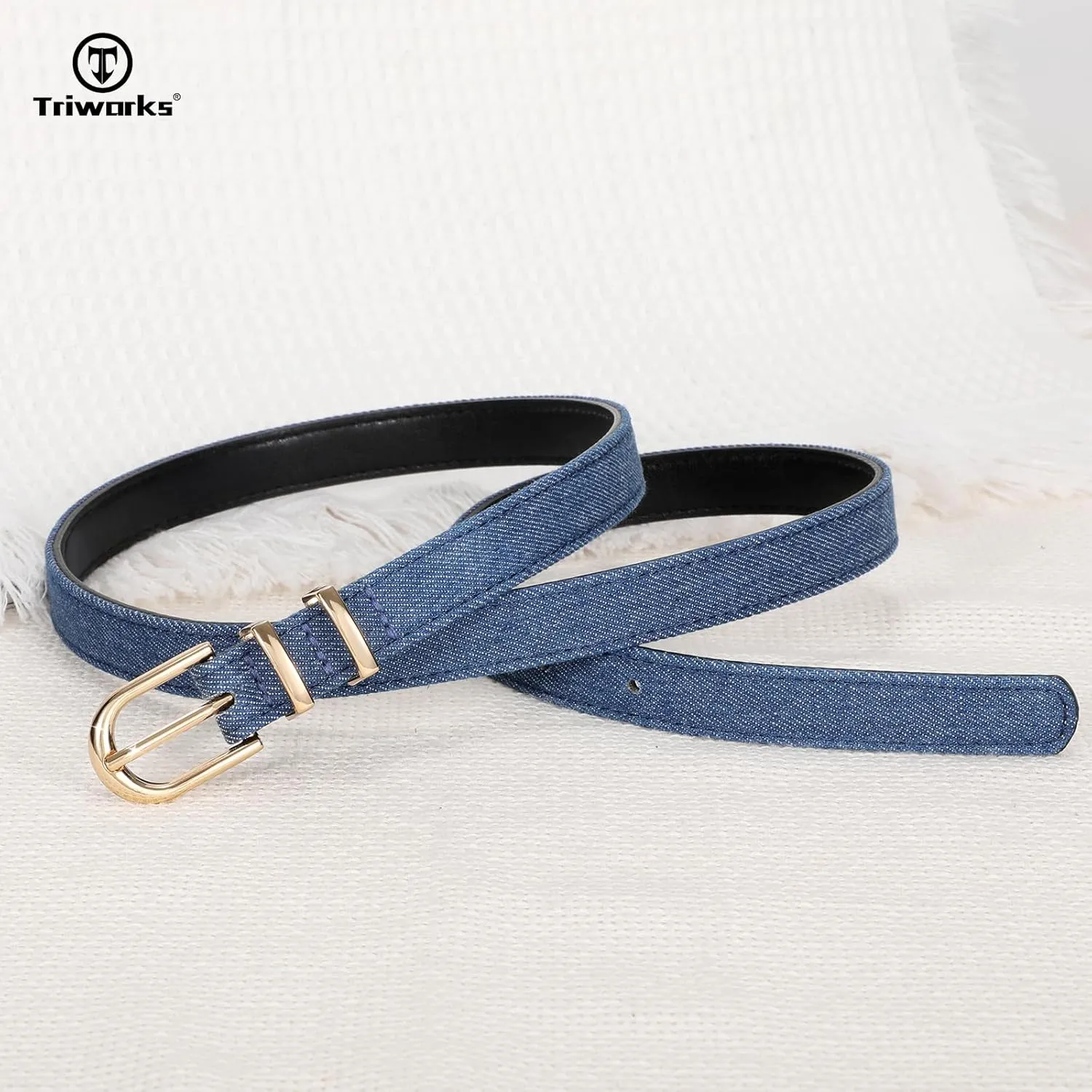 2 Pack Women Skinny Leather Belts for Jeans Pants Thin Faux Leather Belt with Gold Buckle