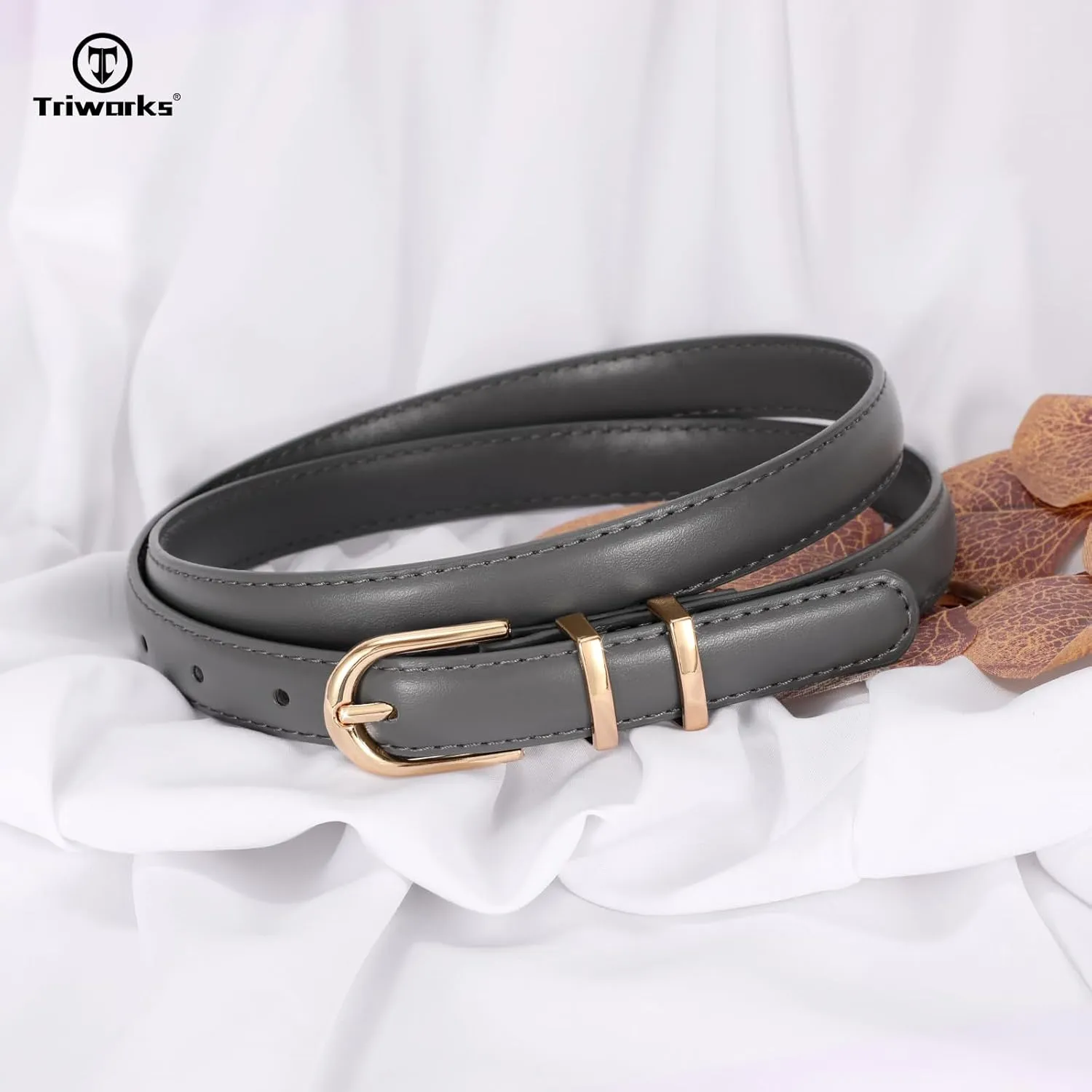 2 Pack Women Skinny Leather Belts for Jeans Pants Thin Faux Leather Belt with Gold Buckle