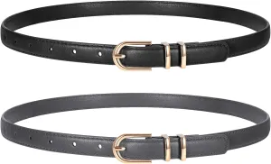 2 Pack Women Skinny Leather Belts for Jeans Pants Thin Faux Leather Belt with Gold Buckle