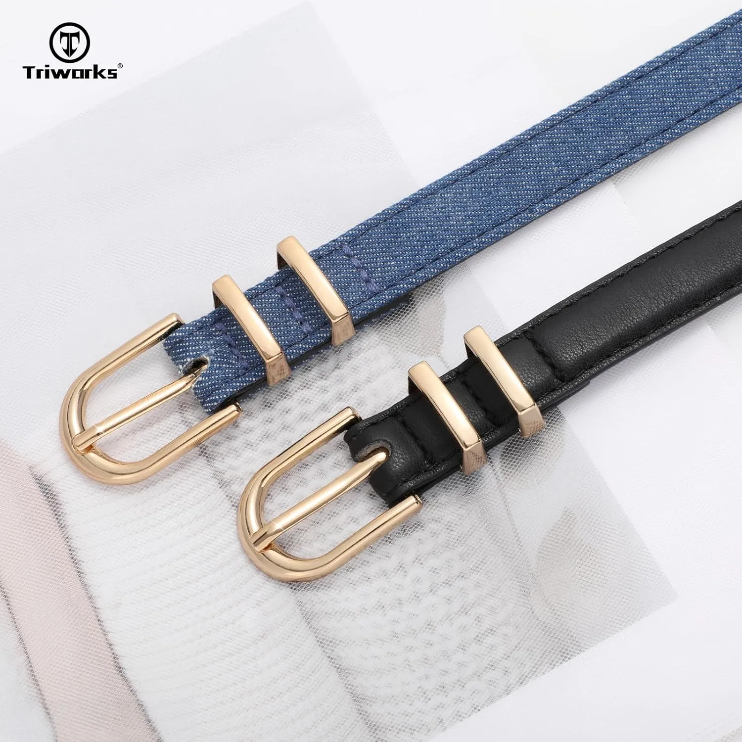 2 Pack Women Skinny Leather Belts for Jeans Pants Thin Faux Leather Belt with Gold Buckle
