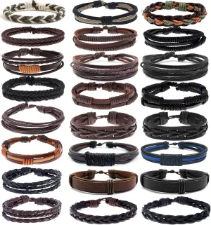 24Pcs Braided Leather Bracelet for Men Women Tribal Wristbands Cuff Bracelets Punk Multilayered Handmade Wrap Bracelets Adjustable