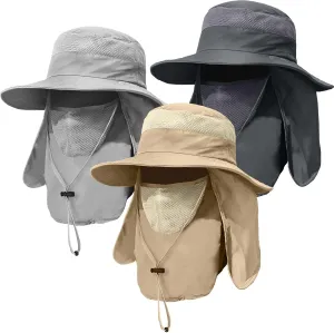 3 Pack Mens Outdoor Wide Brim Fishing Hat,UPF 50  Sun Protection Cap with Face Neck Flap for Hiking & Garden