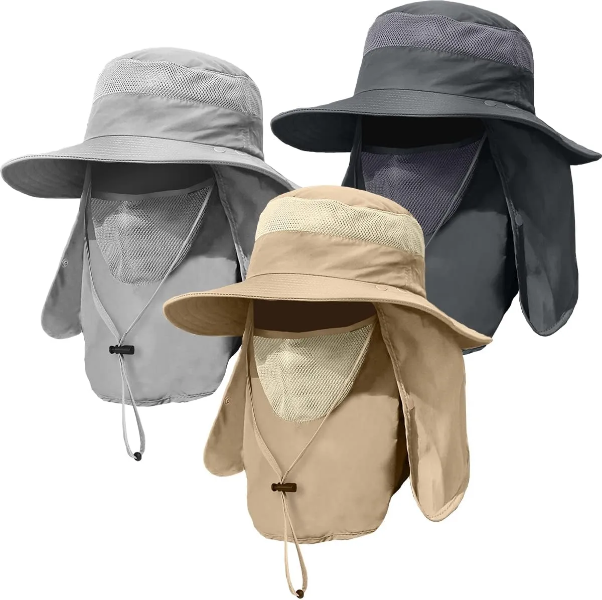 3 Pack Mens Outdoor Wide Brim Fishing Hat,UPF 50  Sun Protection Cap with Face Neck Flap for Hiking & Garden