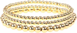 3 Pcs Gold Beaded Bracelets Valentine's Day Gifts, Men Women Elastic Copper Beads Balls Stretch Bracelet Anklet, Fashion Stacking Bracelets Cuff Set Jewelry (6mm 4mm)