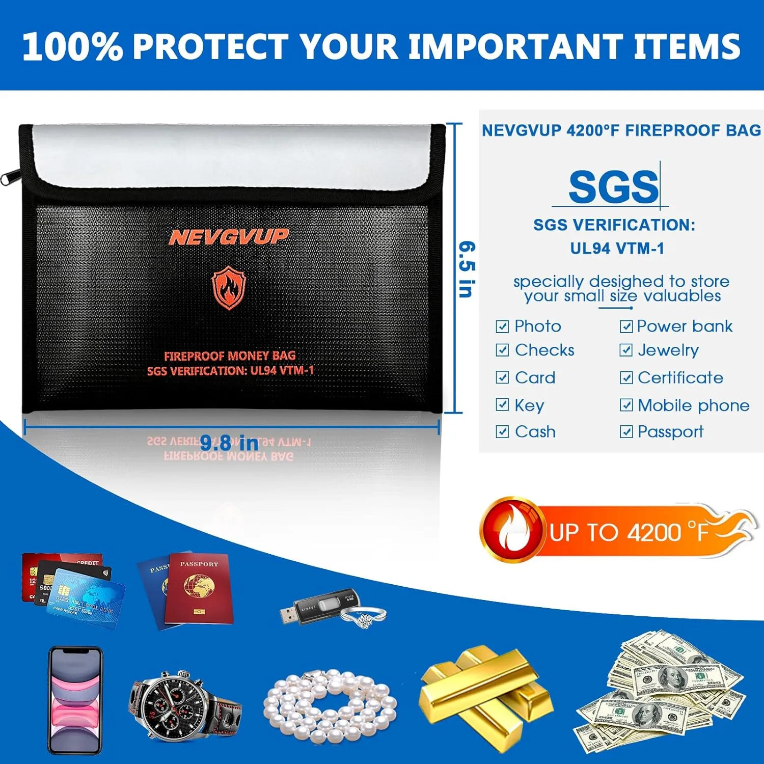 4200F Fireproof Money Bag - Upgraded Heat Insulated, 9.8 x 6.5" Small Fireproof Document Bags with Waterproof Zipper, fire Water Proof Safe Pouch Set for Valuables, Fireproof Edging, Fire Bag 2packs