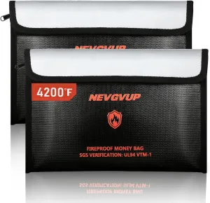 4200F Fireproof Money Bag - Upgraded Heat Insulated, 9.8 x 6.5" Small Fireproof Document Bags with Waterproof Zipper, fire Water Proof Safe Pouch Set for Valuables, Fireproof Edging, Fire Bag 2packs