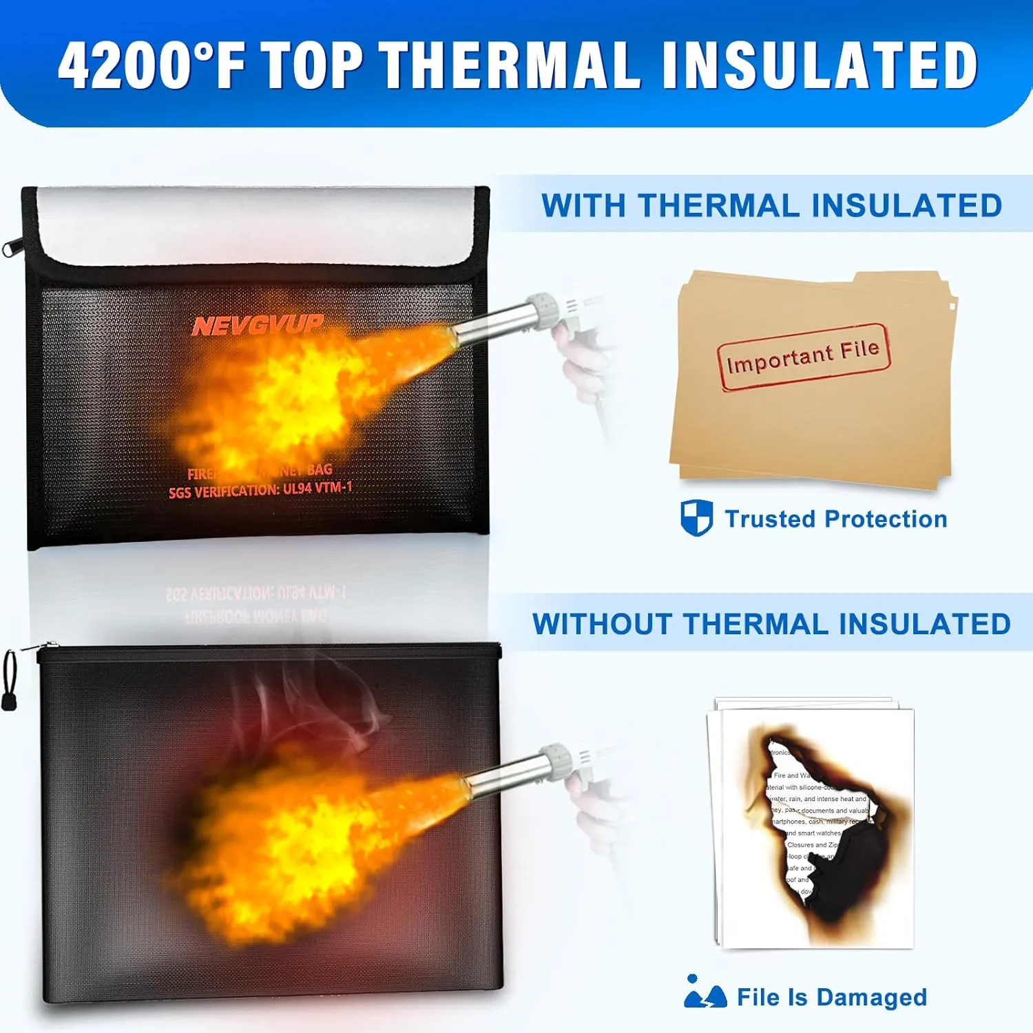 4200F Fireproof Money Bag - Upgraded Heat Insulated, 9.8 x 6.5" Small Fireproof Document Bags with Waterproof Zipper, fire Water Proof Safe Pouch Set for Valuables, Fireproof Edging, Fire Bag 2packs