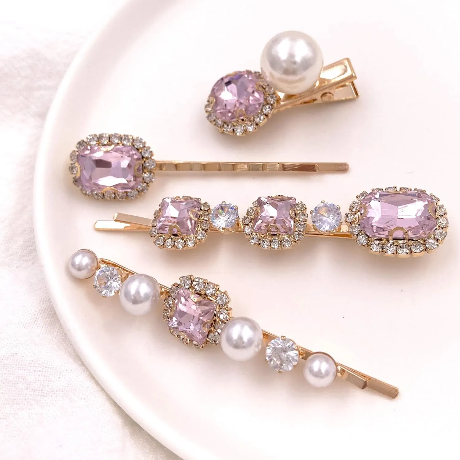 4PCS Pink Diamond Crystal Pearl Gold Bobby Pins Decorative Hair Slides Clips Accessories Women