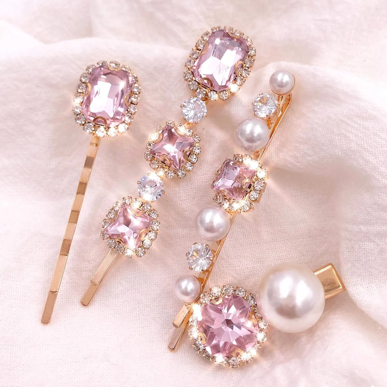 4PCS Pink Diamond Crystal Pearl Gold Bobby Pins Decorative Hair Slides Clips Accessories Women