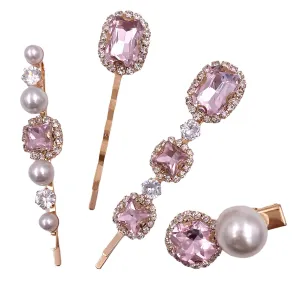 4PCS Pink Diamond Crystal Pearl Gold Bobby Pins Decorative Hair Slides Clips Accessories Women