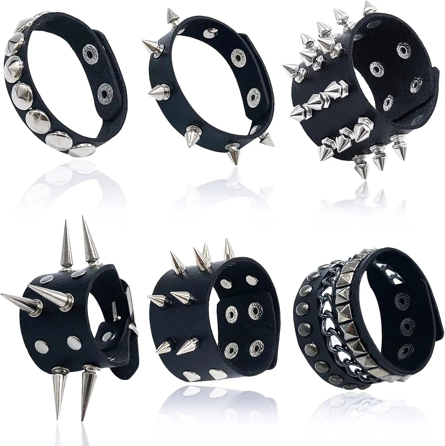 6 Pieces Punk Studded Bracelet Goth Bracelet Leather Rivets Spike Bracelet Cuff Adjustable Metal Wristband Gothic Accessories for Men Women Halloween