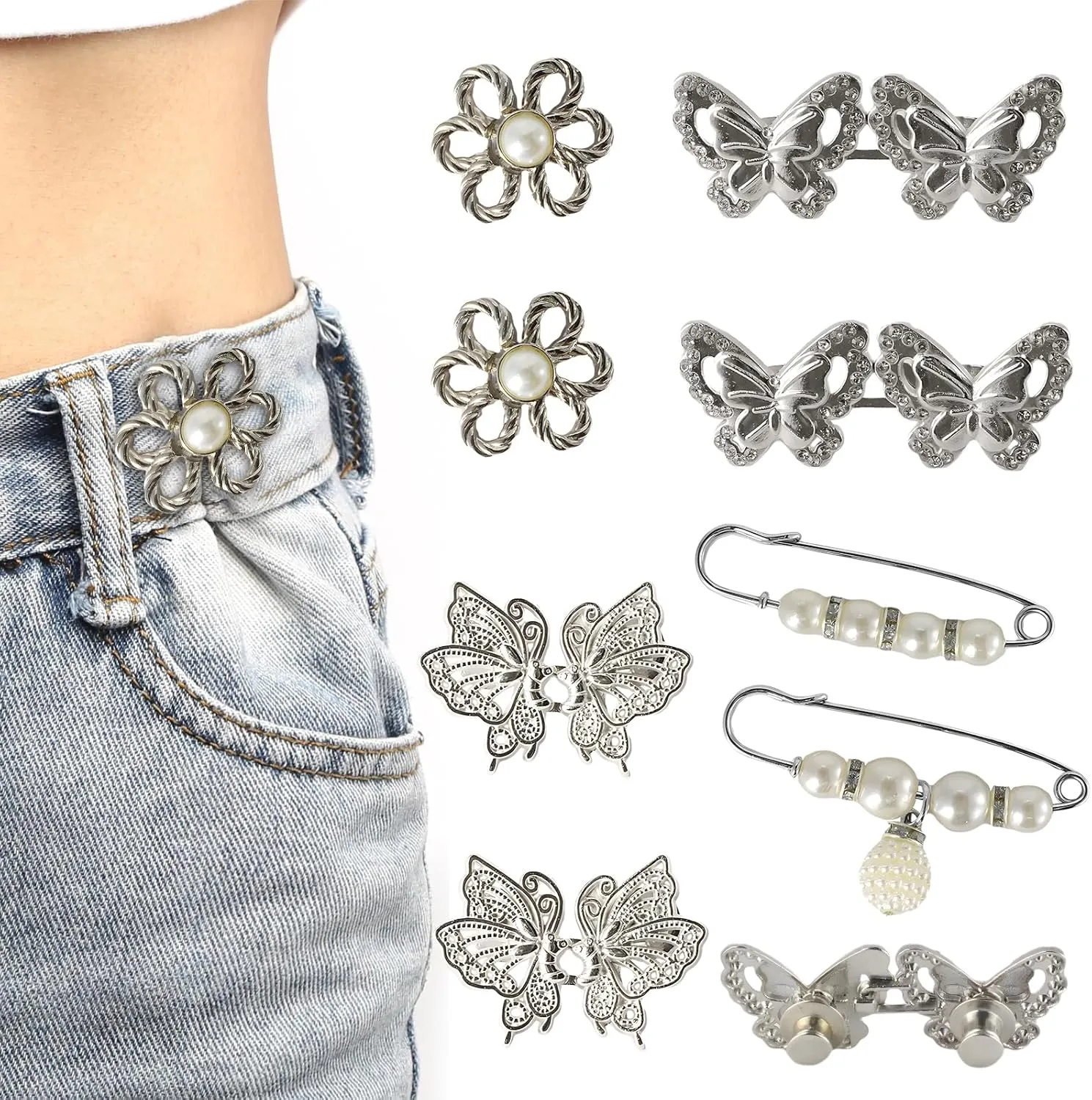 8 PCS Pant Waist Tightener, Butterfly Waist Cincher Clip, Cincher Clip Pearl Brooch, Reusable, Adjustable, No Sewing and Tools Required, for Loose Jeans, Clothing, Skirts, Dresses