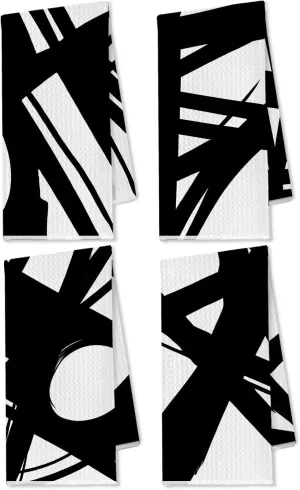 Abstract Boho Kitchen Towels Set of 4, Black and White Hand Towels for Bathroom, Minimalist Mid Century Modern Dish Towels Tea Towels for Kitchen, Boho Kitchen Bathroom Decor, 16x24 Inch