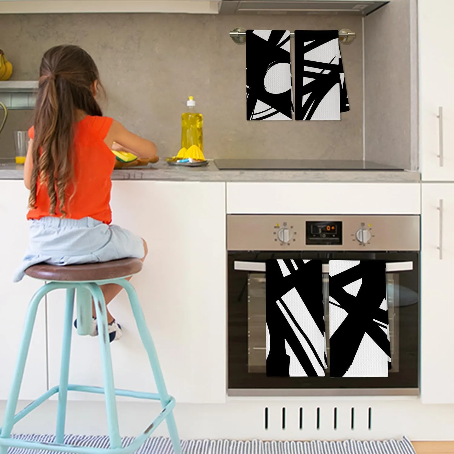 Abstract Boho Kitchen Towels Set of 4, Black and White Hand Towels for Bathroom, Minimalist Mid Century Modern Dish Towels Tea Towels for Kitchen, Boho Kitchen Bathroom Decor, 16x24 Inch