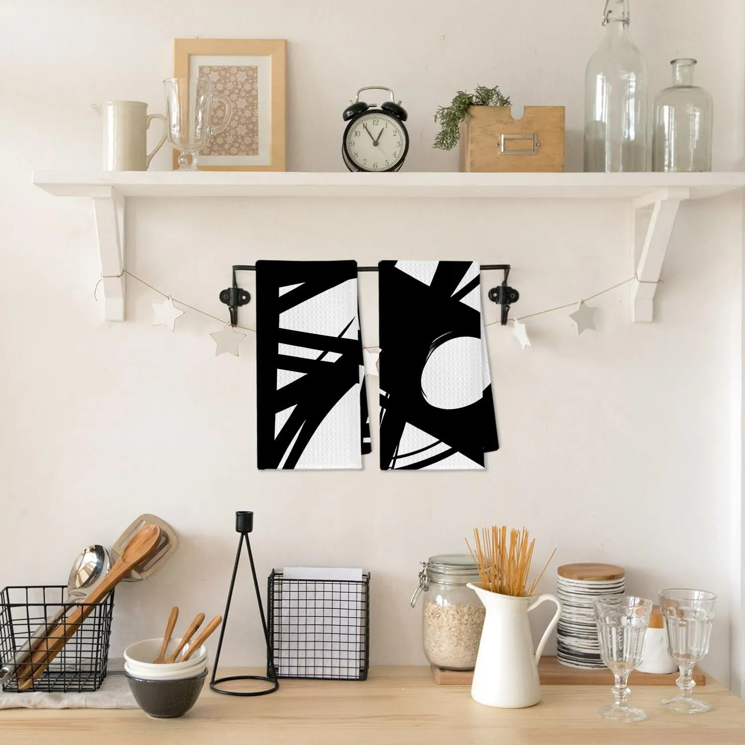 Abstract Boho Kitchen Towels Set of 4, Black and White Hand Towels for Bathroom, Minimalist Mid Century Modern Dish Towels Tea Towels for Kitchen, Boho Kitchen Bathroom Decor, 16x24 Inch