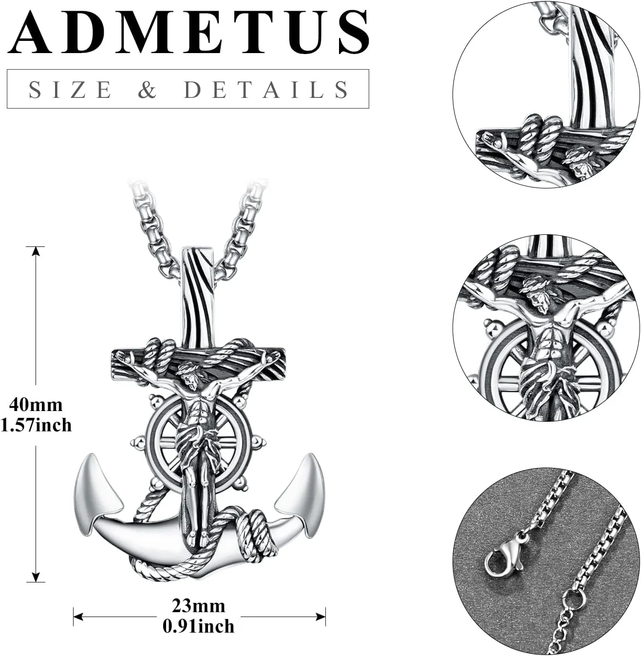 ADMETUS 925 Sterling Silver Patron Saint Necklace | Amulet Necklace Cross Jewelry for Men with 2.5mm 22" 2" Rolo Chain