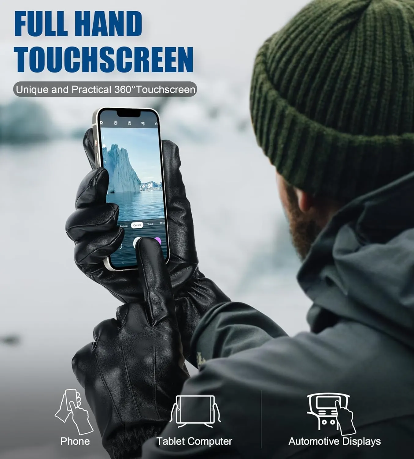 Aegend Leather Gloves for Men, Soft Warm Lining Full Hand Touchscreen Winter Gift Thermal