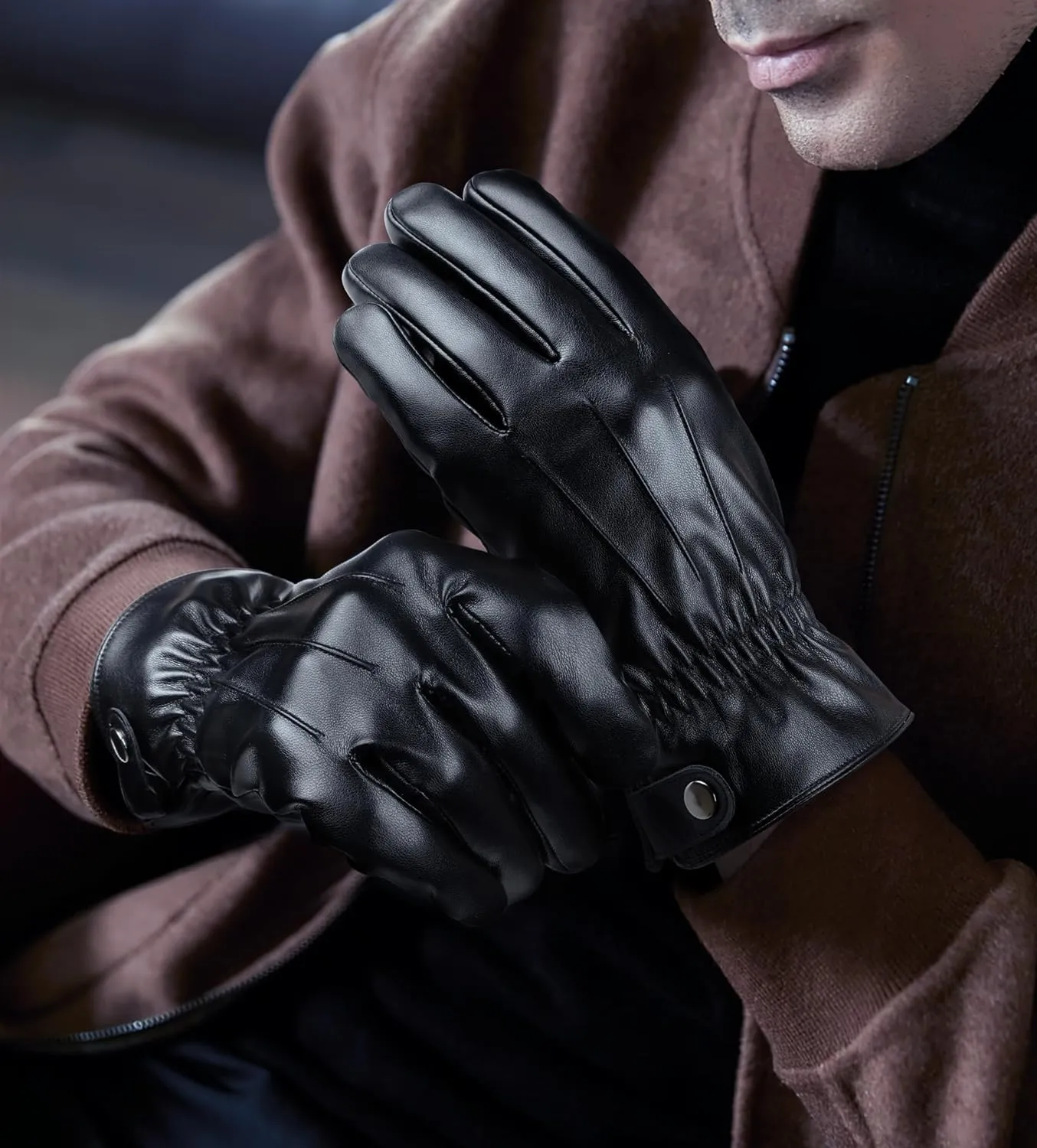 Aegend Leather Gloves for Men, Soft Warm Lining Full Hand Touchscreen Winter Gift Thermal