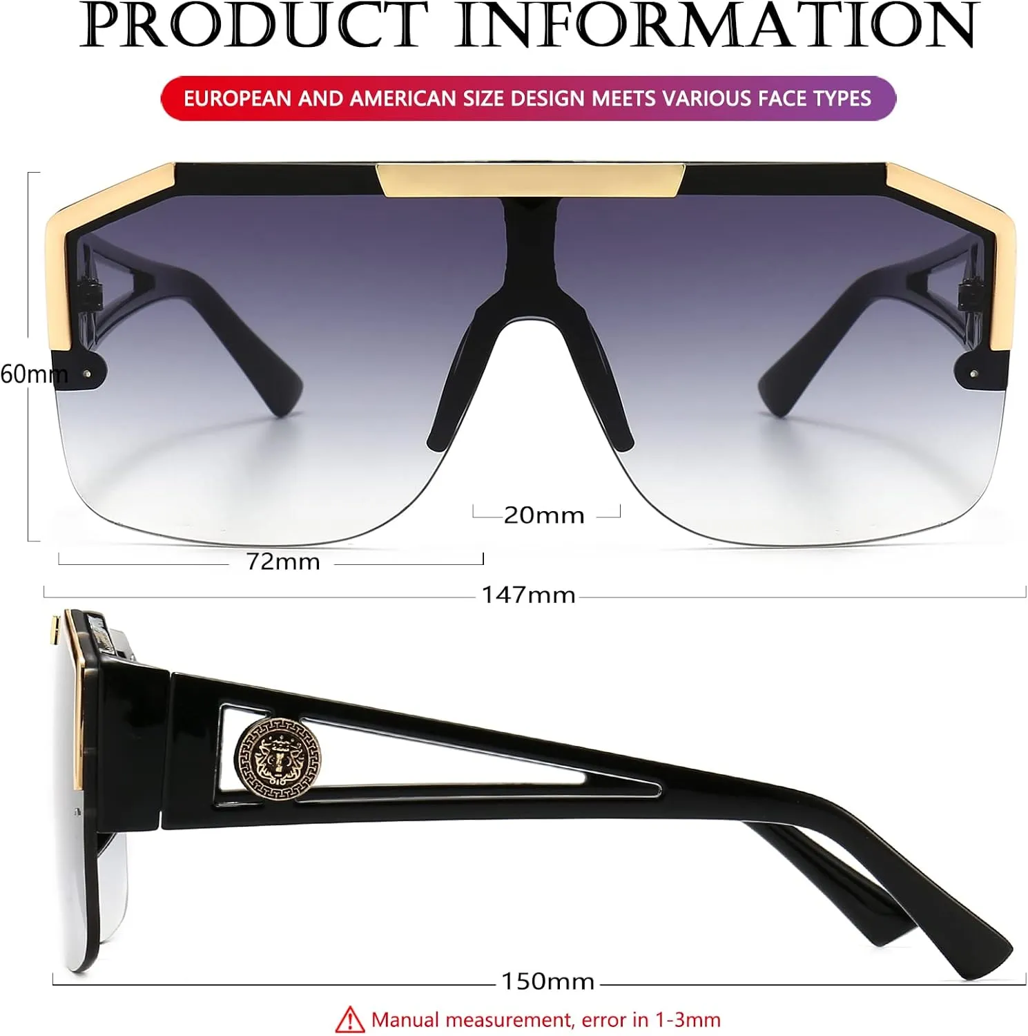 AIEYEZO Square Oversized Sunglasses Flat Top Shield Sun Glasses for Men Women One Lens Square Shades