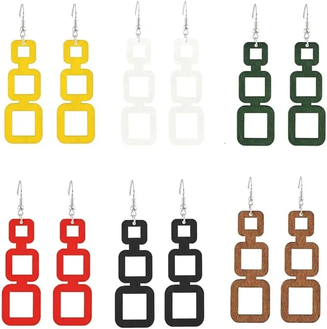 ANXIN STORE Boho Natural Wood Geometric Cutout Round Earrings Vintage Wooden Square Ethnic Drop Earrings For Women Jewelry Gifts