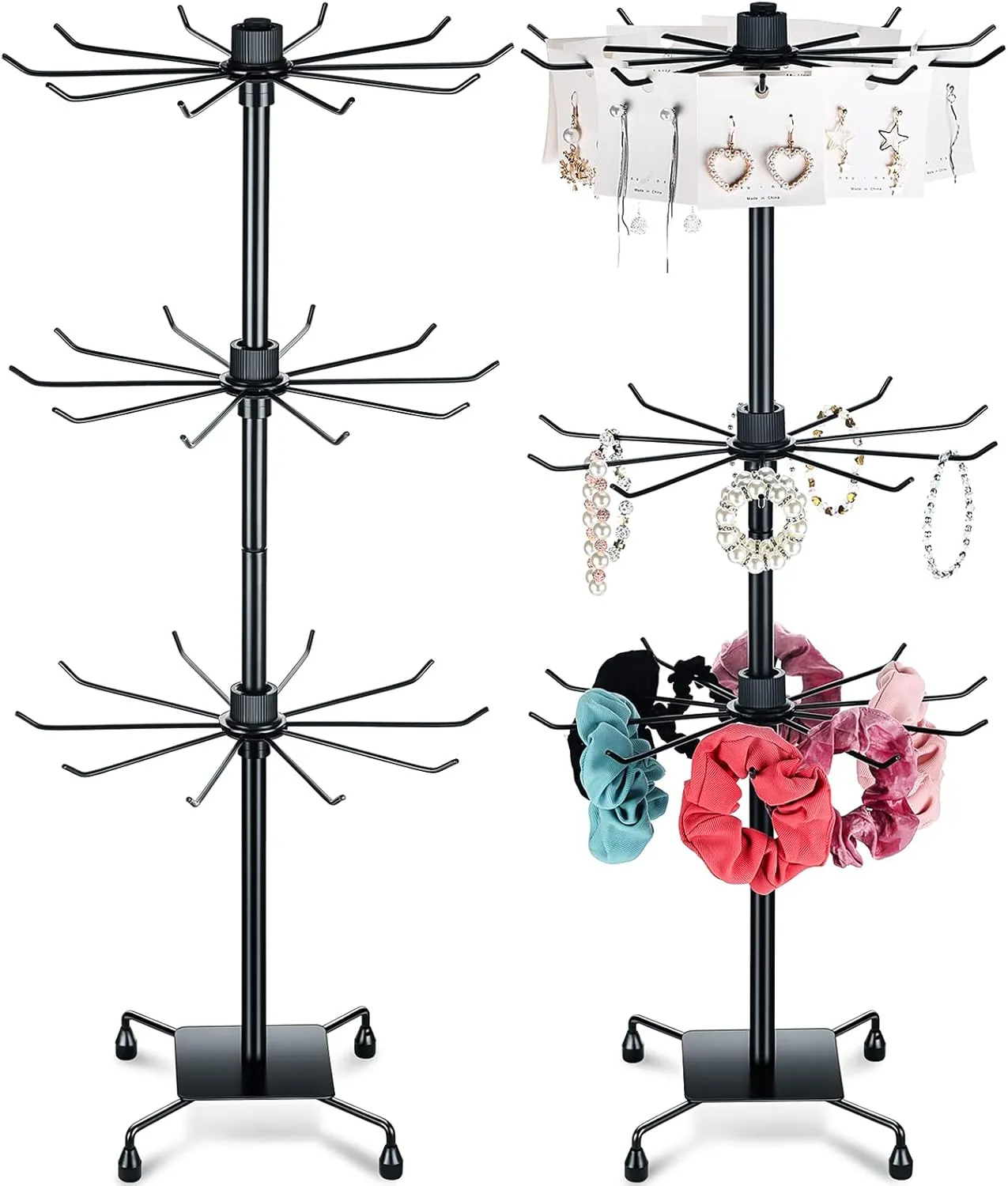 BBTO 2 Pcs Rotating Display Stand Jewelry Display Rack with Hooks Metal Earrings Stand for Vendors Necklace Bracelet Selling(Black,28.35 x 11.81 Inch)