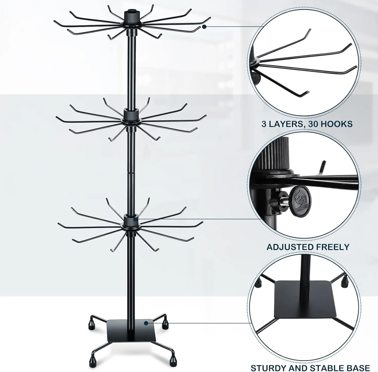 BBTO 2 Pcs Rotating Display Stand Jewelry Display Rack with Hooks Metal Earrings Stand for Vendors Necklace Bracelet Selling(Black,28.35 x 11.81 Inch)
