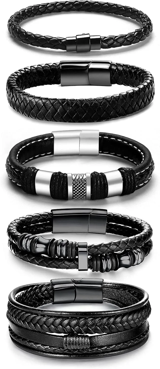 Black Leather Bracelets for Men Women 5pcs Mens Bracelet Leather and Steel Braided Cuff Bracelets