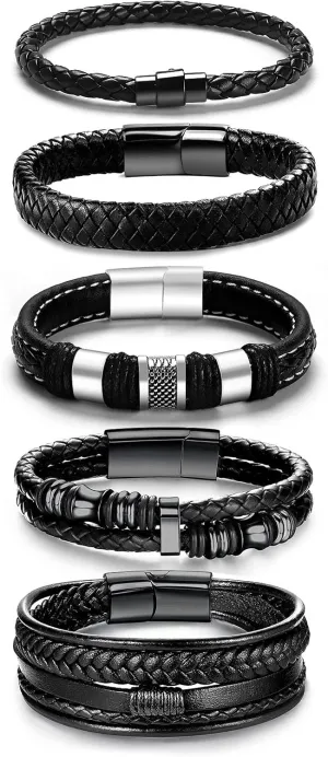 Black Leather Bracelets for Men Women 5pcs Mens Bracelet Leather and Steel Braided Cuff Bracelets