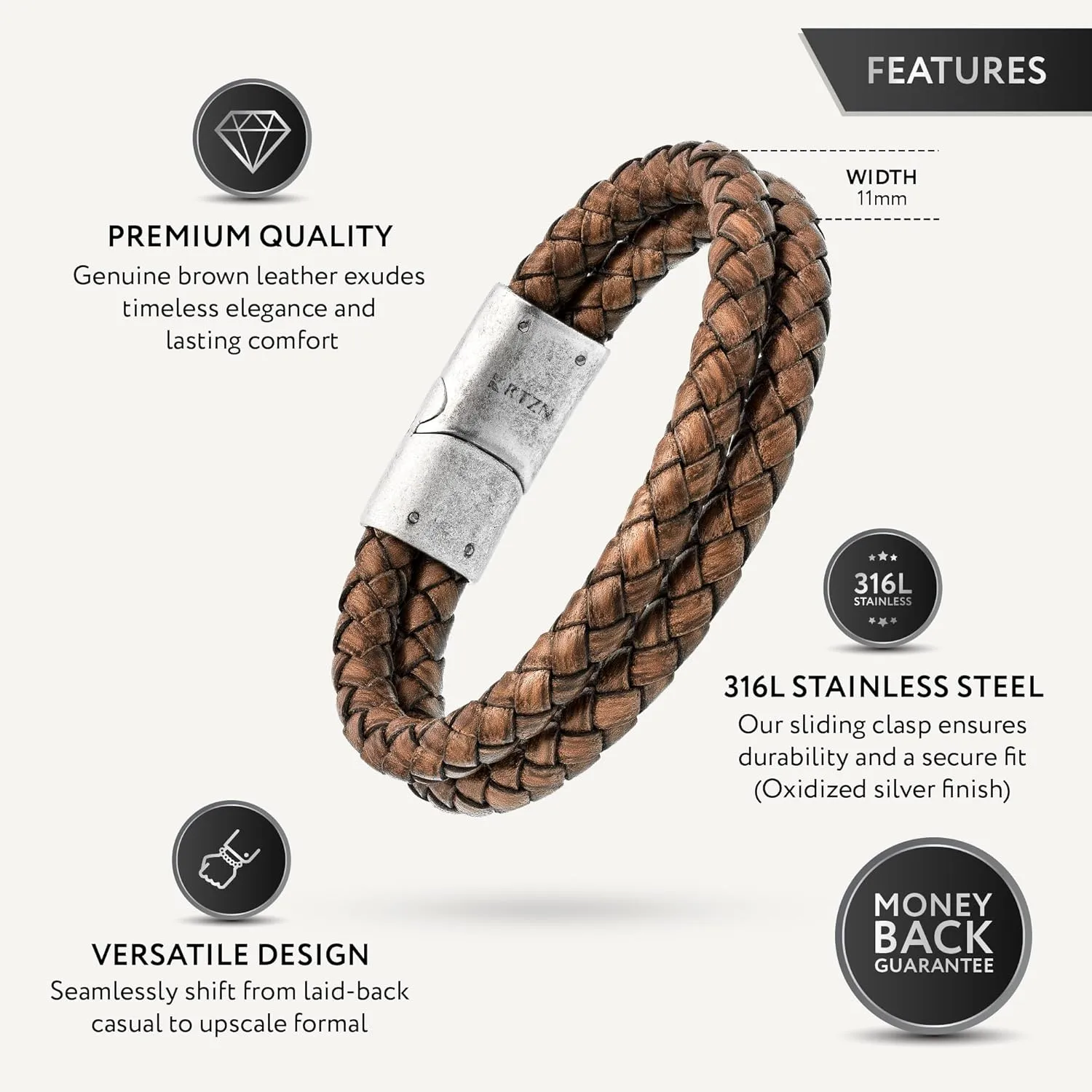 Brown Leather Bracelet for Men Premium Artisan Handcrafted Double Strand Braided Mens Bracelet (Medium)