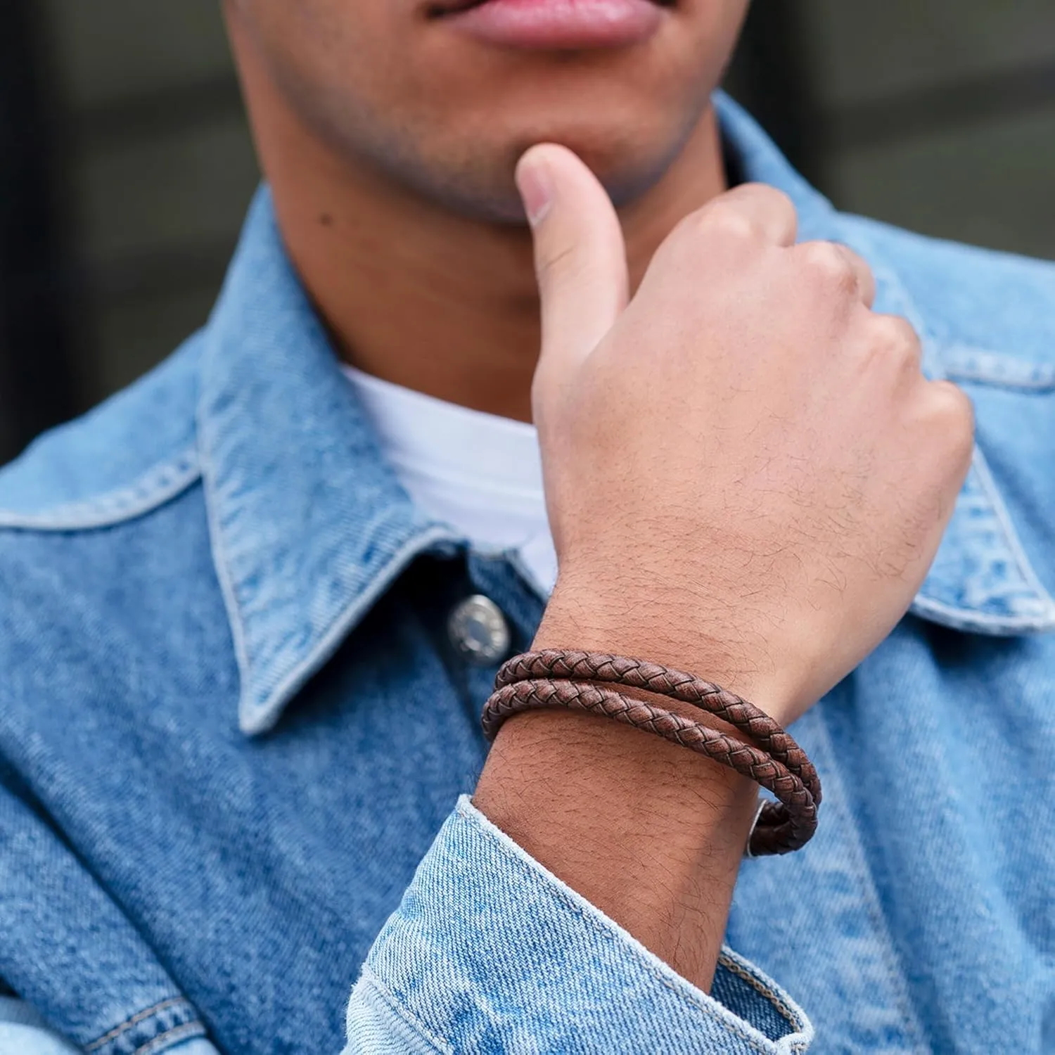 Brown Leather Bracelet for Men Premium Artisan Handcrafted Double Strand Braided Mens Bracelet (Medium)
