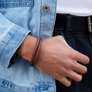 Brown Leather Bracelet for Men Premium Artisan Handcrafted Double Strand Braided Mens Bracelet (Medium)
