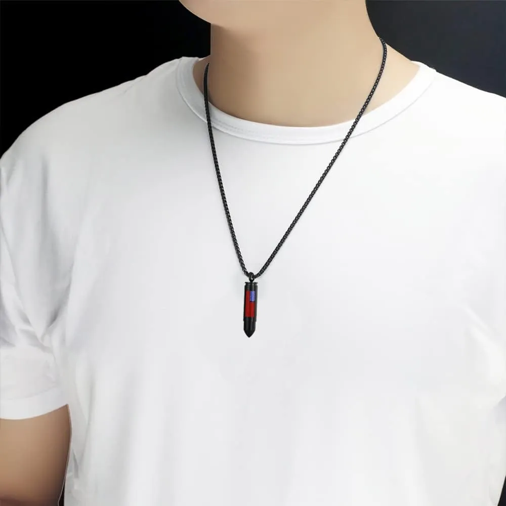 Bullet Urn Necklace for Ashes Stainless Steel Box Chain 24 inch American Flag Pendant Cremation Memorial Jewelry for Men