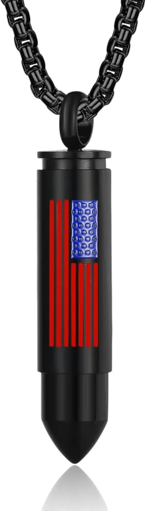 Bullet Urn Necklace for Ashes Stainless Steel Box Chain 24 inch American Flag Pendant Cremation Memorial Jewelry for Men
