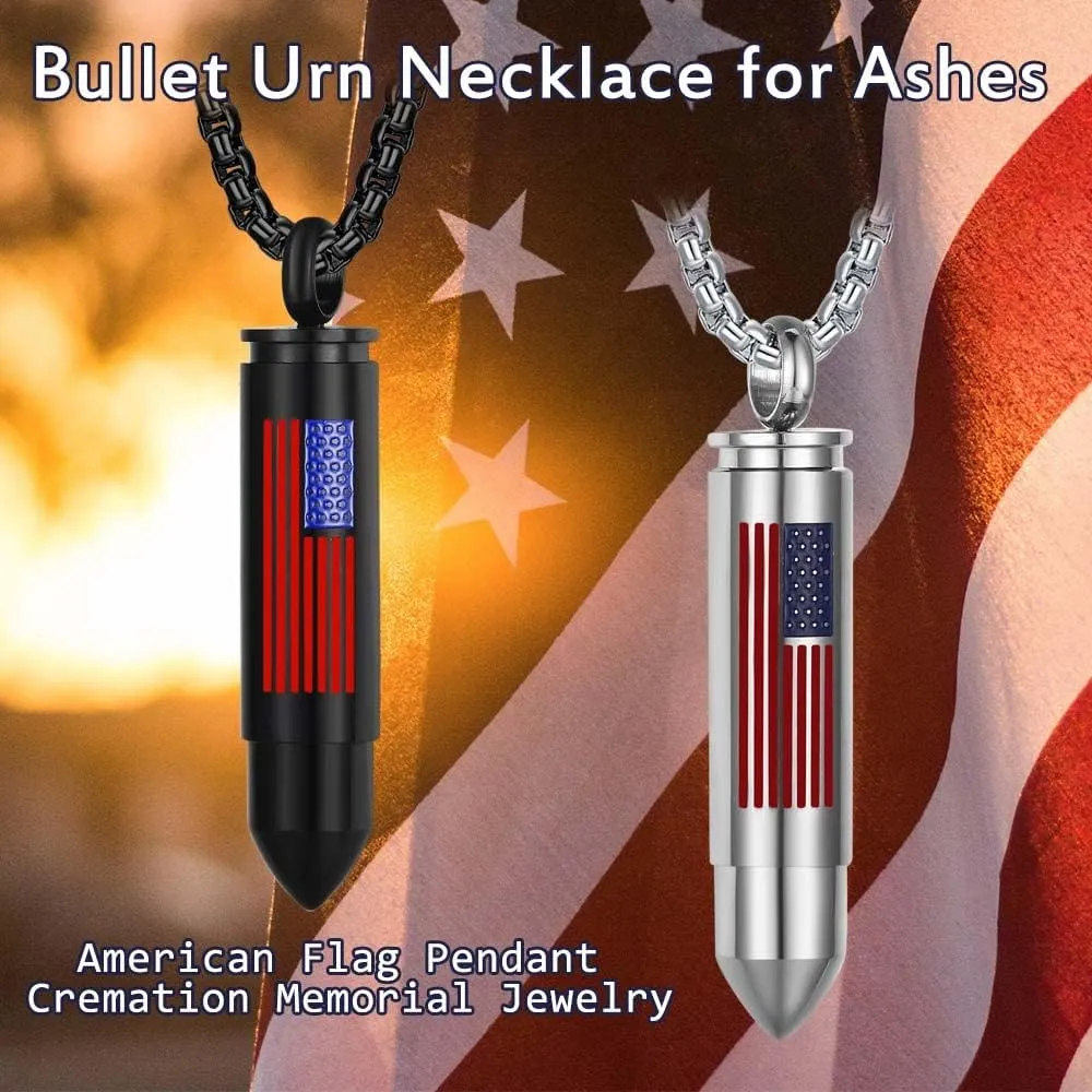 Bullet Urn Necklace for Ashes Stainless Steel Box Chain 24 inch American Flag Pendant Cremation Memorial Jewelry for Men