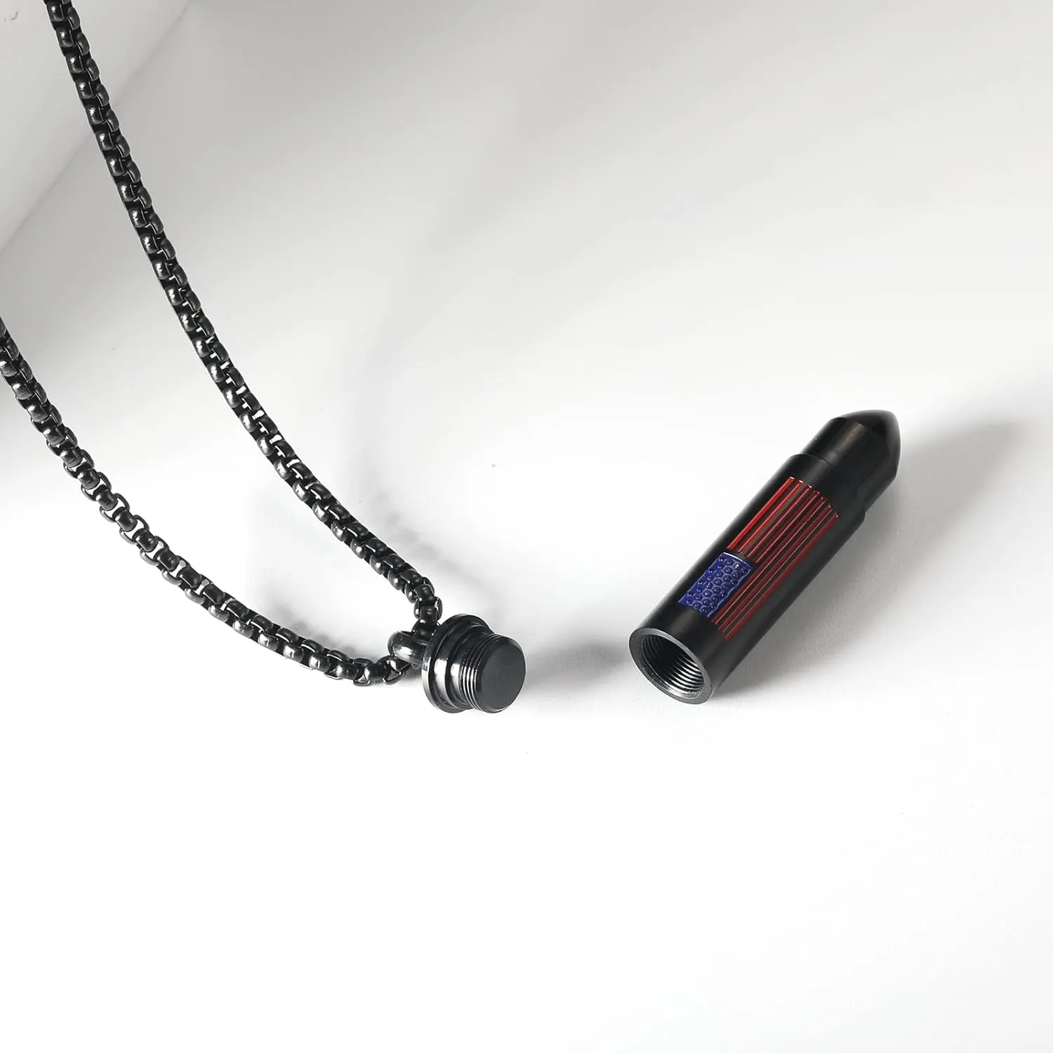 Bullet Urn Necklace for Ashes Stainless Steel Box Chain 24 inch American Flag Pendant Cremation Memorial Jewelry for Men
