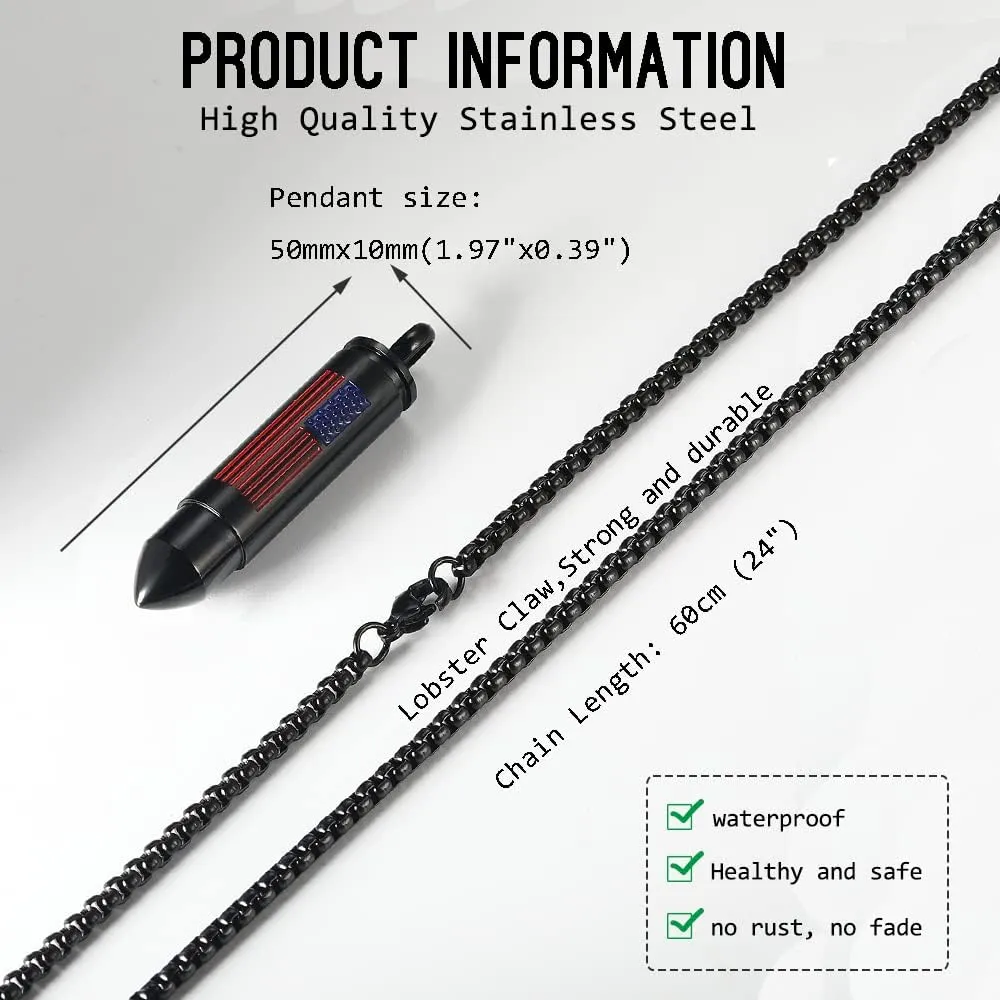 Bullet Urn Necklace for Ashes Stainless Steel Box Chain 24 inch American Flag Pendant Cremation Memorial Jewelry for Men