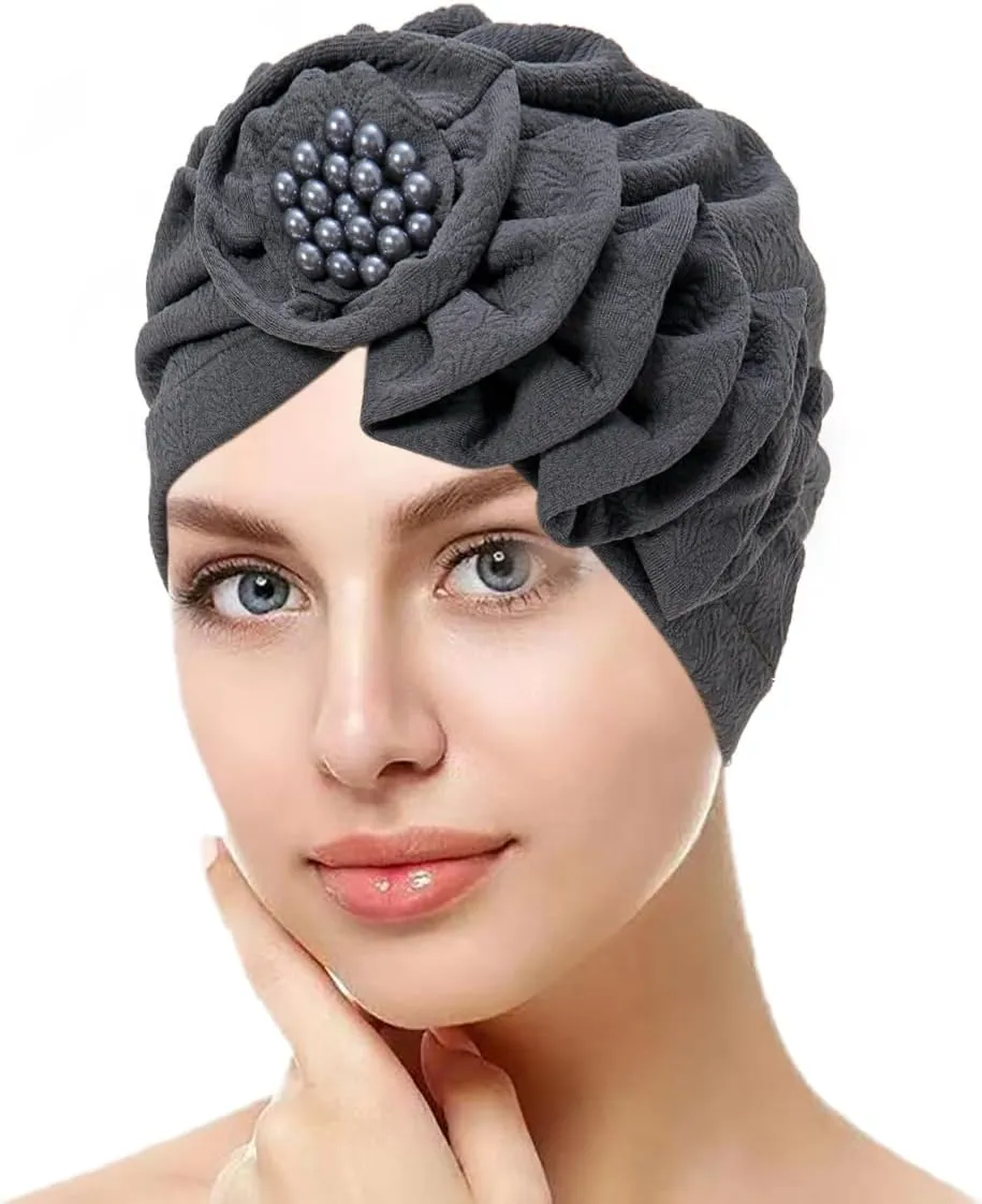 Chemo Turban Caps for Women - Bead Flower Solid Headwear Hats Pre Tied Headwraps for Cancer Patients